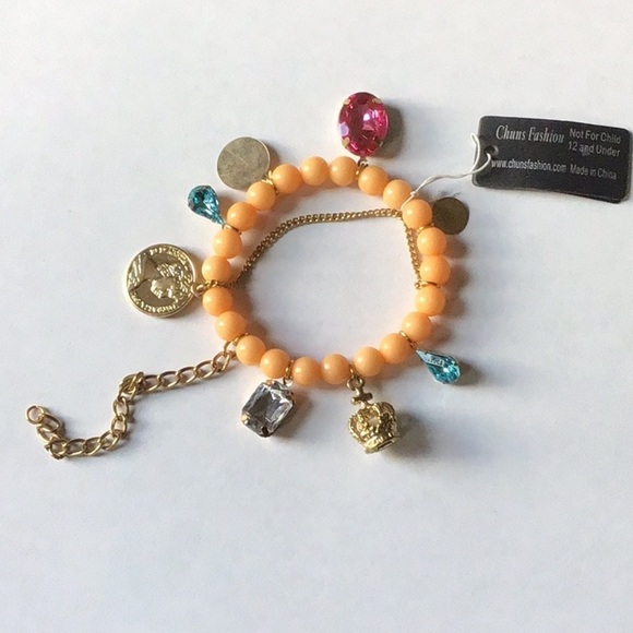 Boutique Jewelry - Radiant Orange and Gold Tone Charm Stretch Bracelet - NWT